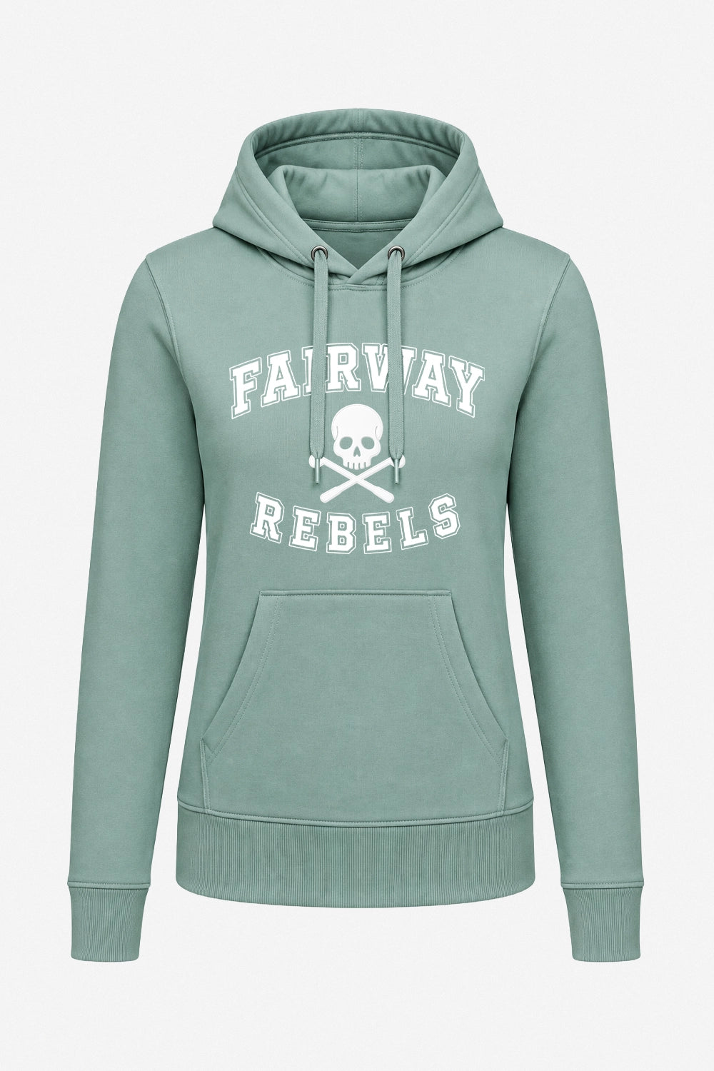 Sweat à capuche femme vert sauge, poche kangourou et imprimé "FAIRWAY REBELS"