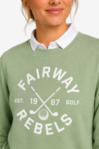 Sweat vert menthe avec col blanc contrasté et grand logo Golf imprimé au centre.