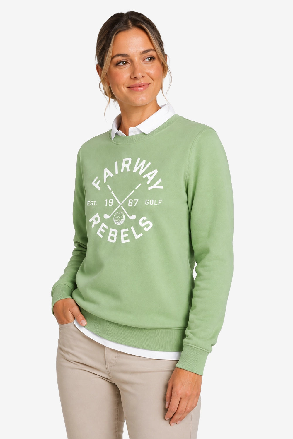 Sweat vert menthe manches longues pour femme, logo Golf imprimé sur le devant.