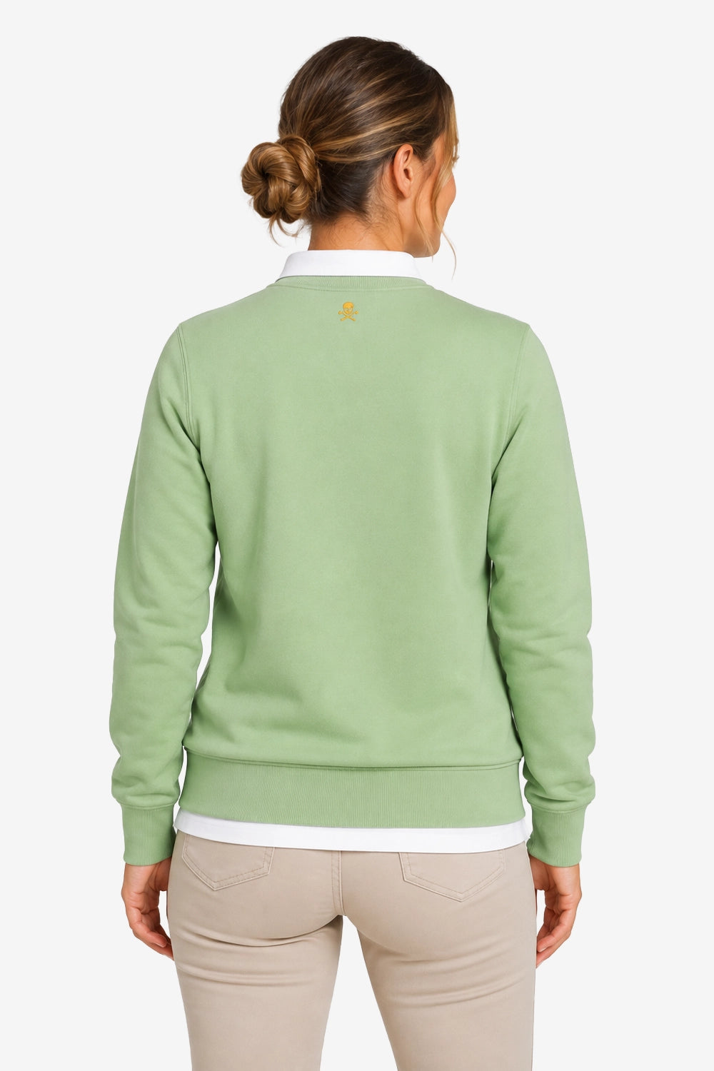 Sweat vert menthe pour femme, dos uni avec petit emblème au haut du dos.