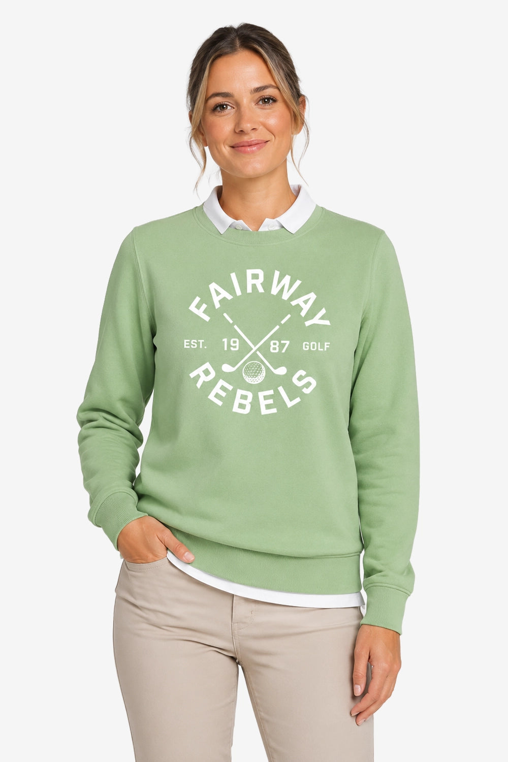 Sweat vert menthe pour femme, col blanc contrasté et logo Golf imprimé devant.