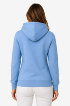 Veste sweat à capuche femme bleu ciel, poignets droits, fermeture zippée non visible
