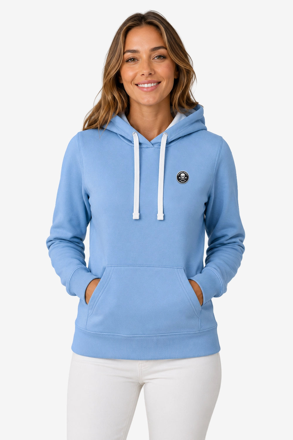 Sweat à capuche bleu ciel avec cordons blancs et petit écusson rond