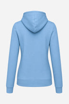 Sweat à capuche bleu ciel femme vue de dos, capuche arrondie, couture centrale