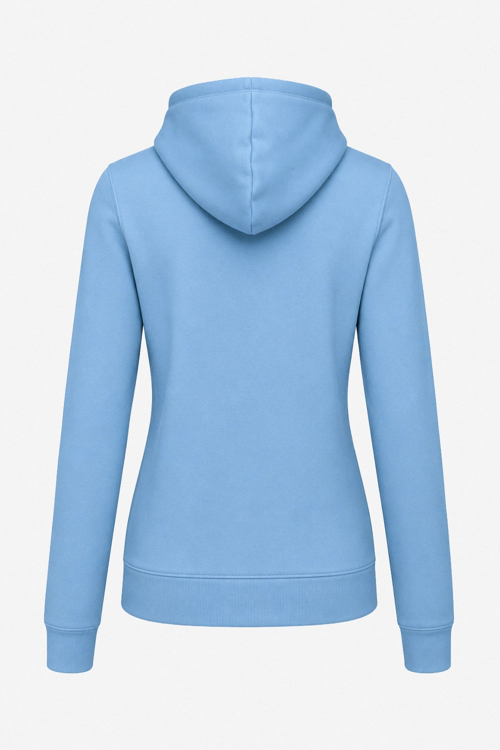 Sweat à capuche bleu ciel femme vue de dos, capuche arrondie, couture centrale