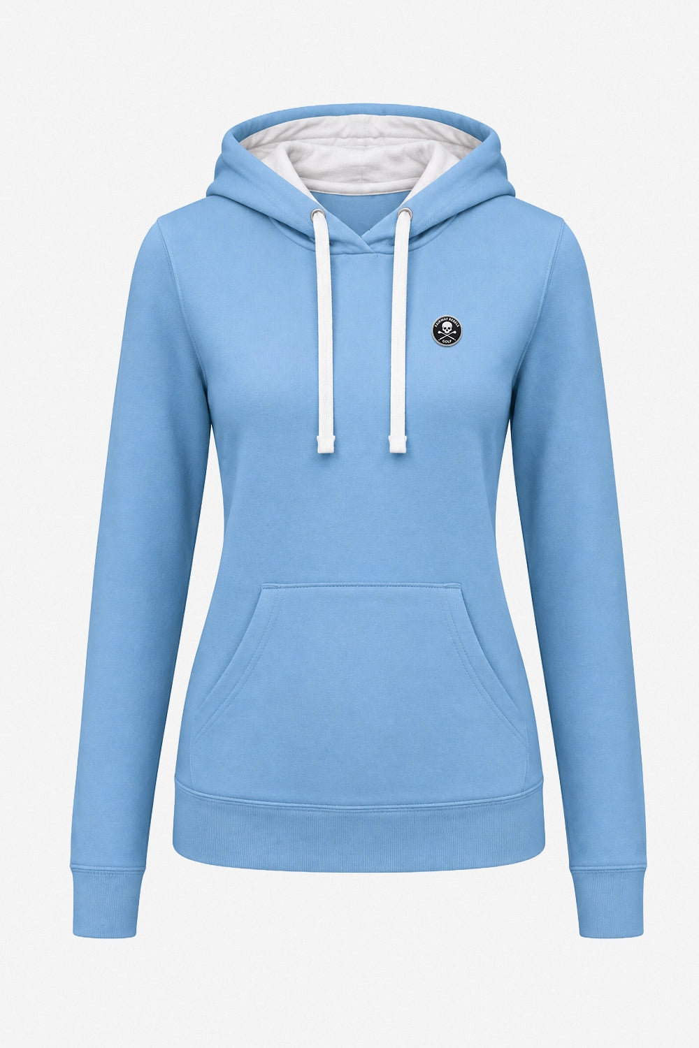 Sweat à capuche bleu ciel dos, doublure de capuche claire et écusson