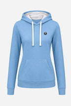 Sweat à capuche bleu ciel dos, doublure de capuche claire et écusson