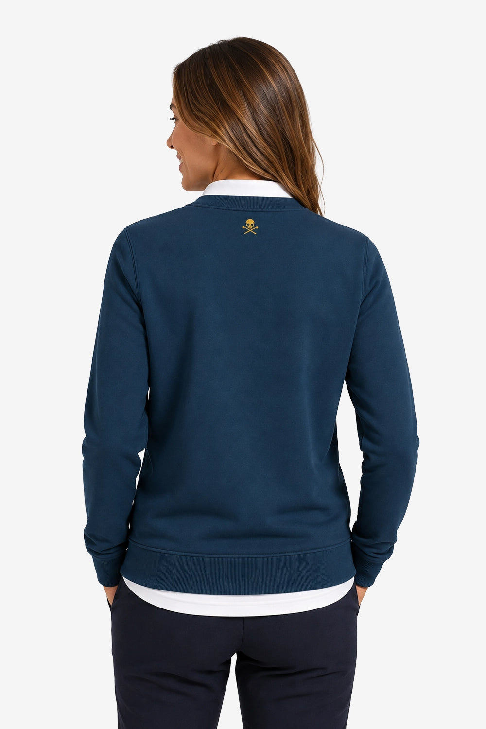 Sweat bleu marine pour femme, dos uni avec petit emblème au haut du dos.