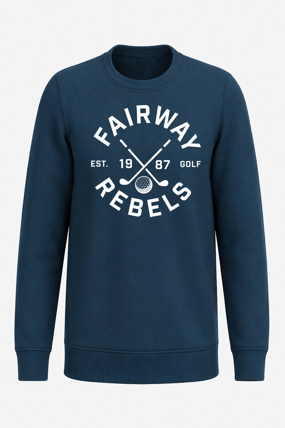 Sweat de golf femme bleu marine, col rond, logo imprimé devant.