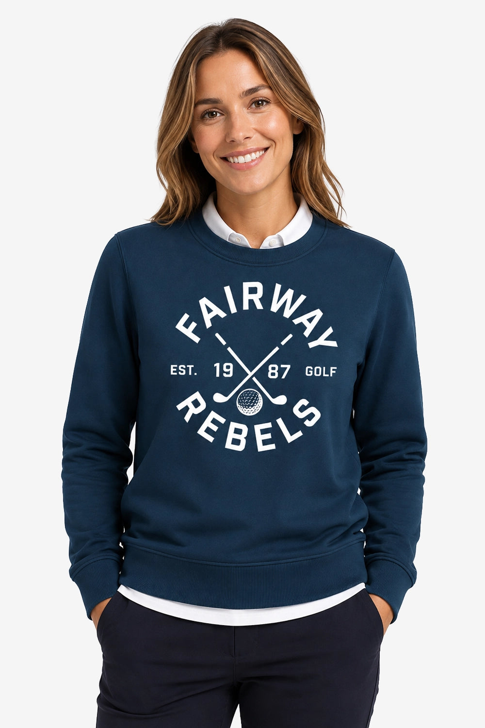 Sweat bleu marine pour femme, col blanc contrasté, grand logo Golf imprimé devant.