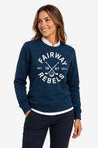 Sweat bleu marine pour femme, col blanc contrasté, logo Golf imprimé au centre devant.