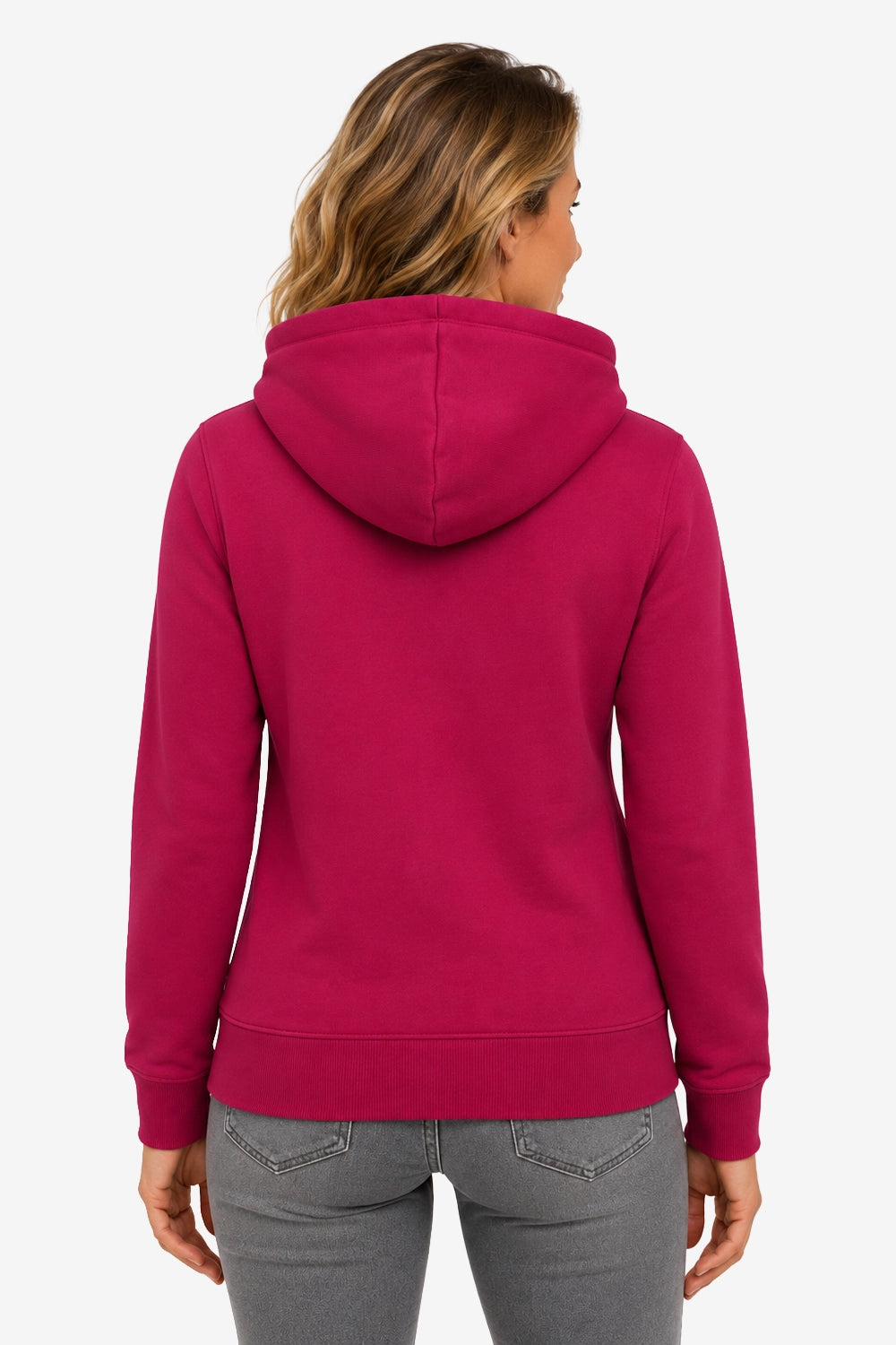 Veste sweat à capuche femme fuchsia vue de dos, couture centrale et capuche