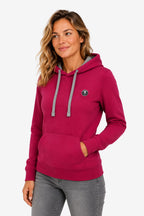 Sweat à capuche fuchsia femme, cordons gris, poche kangourou et écusson rond