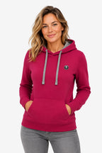 Sweat à capuche femme fuchsia, cordons contrastés, poche kangourou et petit logo poitrine.
