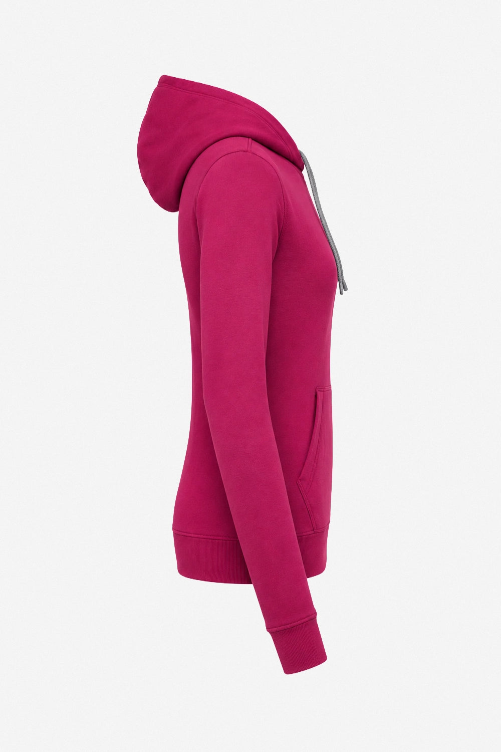 Sweat à capuche femme fuchsia, vue de côté : manches longues, poche kangourou, logo discret.