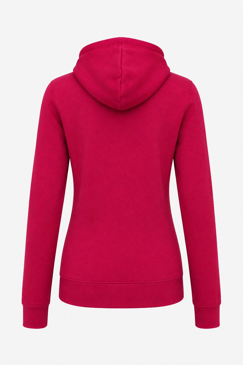 Sweat à capuche femme fuchsia, vue de dos, couture centrale, poignets et bas côtelés.