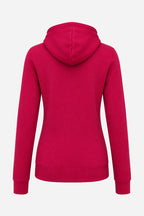 Sweat à capuche femme fuchsia, vue de dos, couture centrale, poignets et bas côtelés.