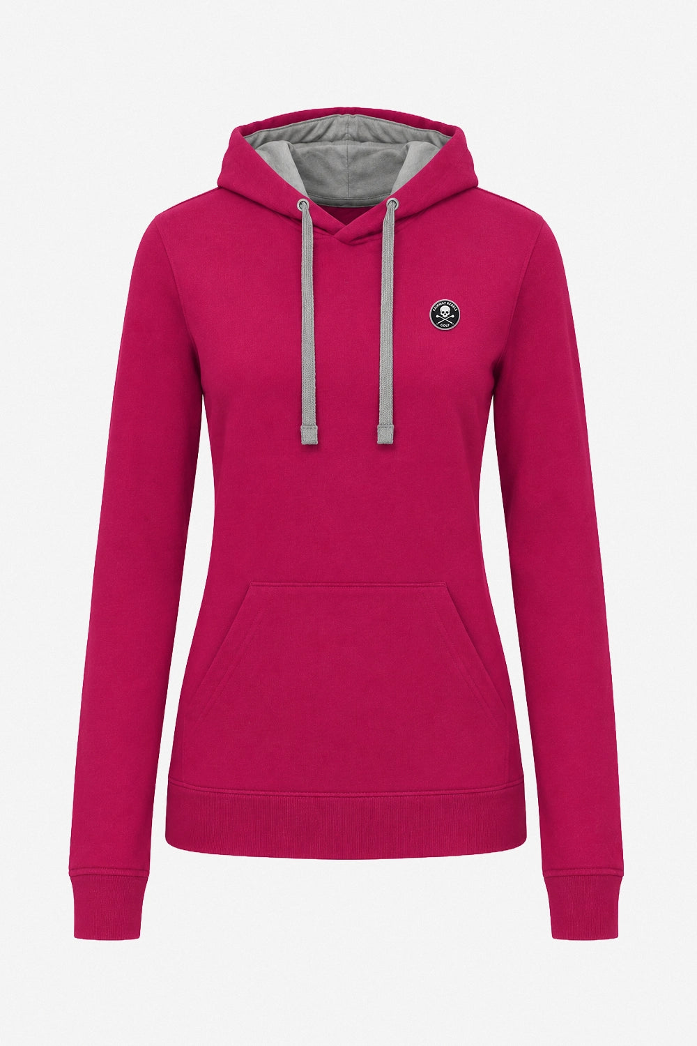 Sweat à capuche femme fuchsia, vue de face, cordons contrastés blancs, poche kangourou.