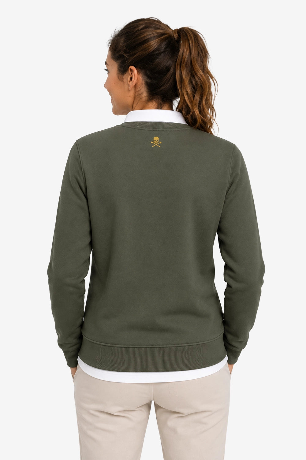 Sweat de golf femme vert foncé, vue de dos, petit logo poitrine.