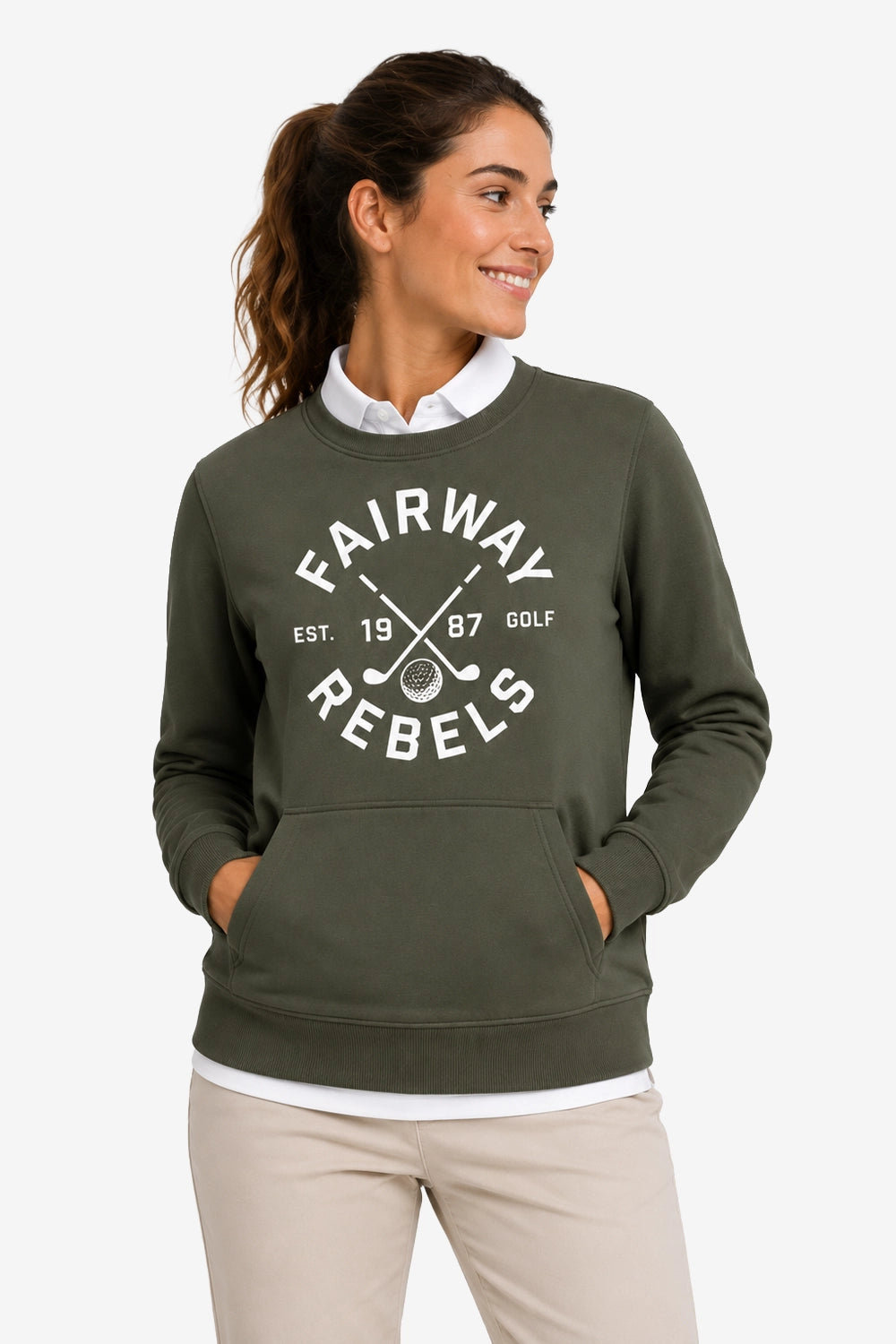 Sweat de golf femme vert foncé avec logo imprimé devant, col blanc contrastant.