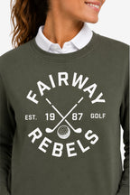 Sweat de golf femme vert foncé, gros plan du logo imprimé devant.