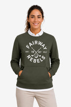 Sweat de golf femme vert foncé, col rond, logo imprimé devant, manches longues.