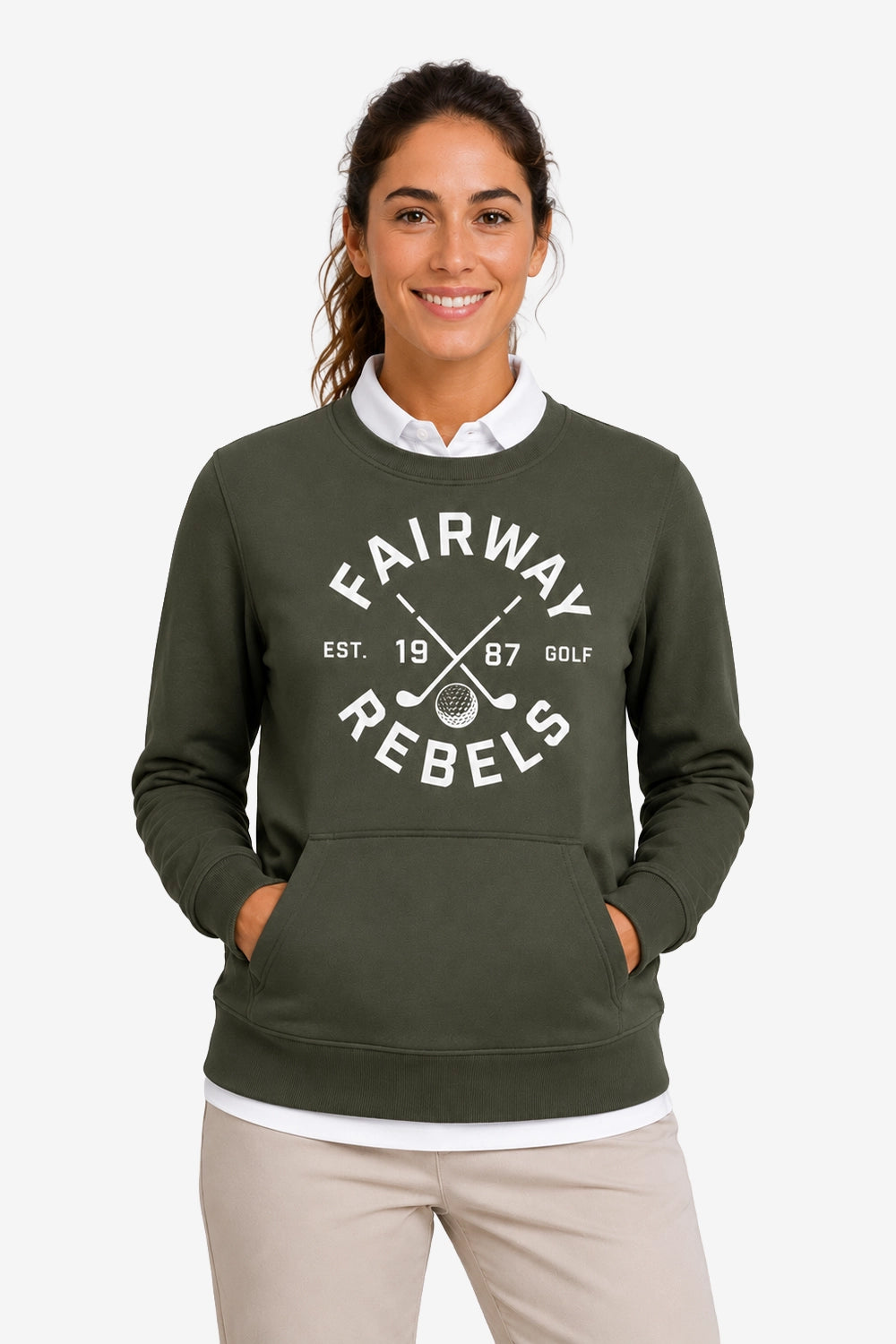Sweat de golf femme vert foncé, col rond, logo imprimé devant, manches longues.
