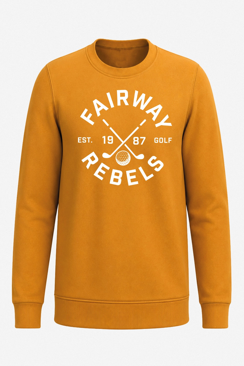 Sweat de golf pour femme orange, col rond, grand imprimé blanc sur le devant.