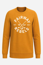 Sweat de golf pour femme orange, col rond, grand imprimé blanc sur le devant.