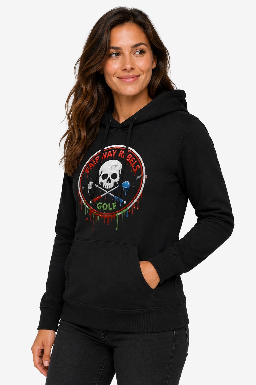 Sweat à capuche femme noir, motif tête de mort Golf au centre, poche kangourou