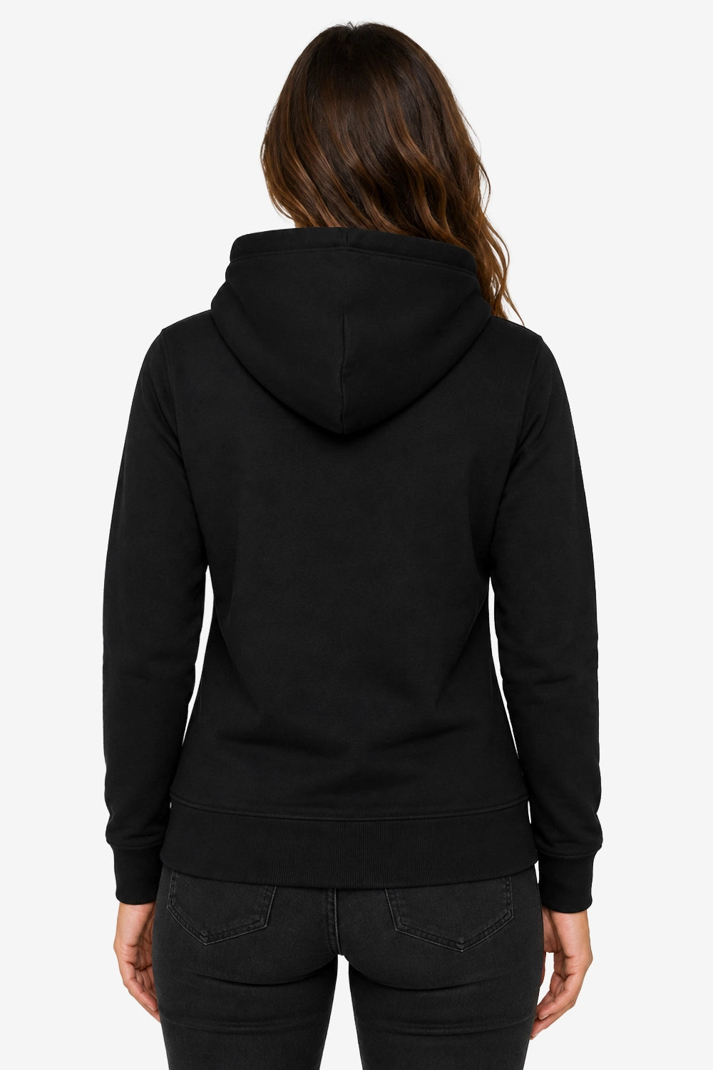 Sweat à capuche femme noir vue de dos, capuche et poche kangourou visibles