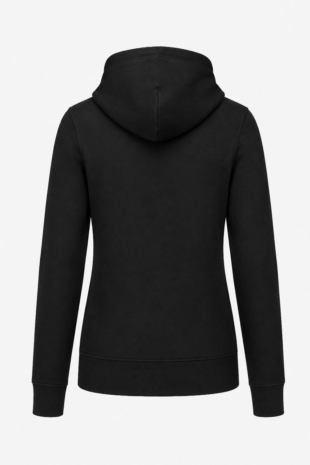 Sweat à capuche femme noir vue de dos, capuche ajustée et coutures visibles