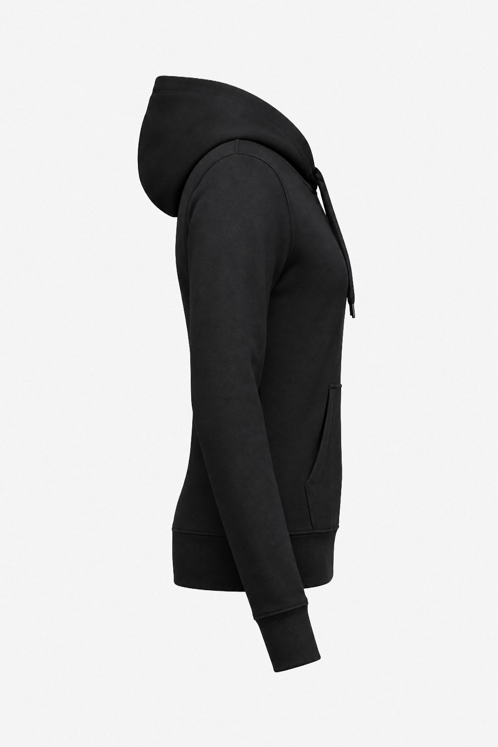 Sweat à capuche femme noir vue de profil, manches longues et capuche avec cordons
