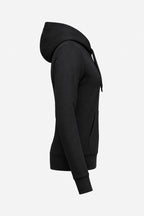 Sweat à capuche femme noir vue de profil, manches longues et capuche avec cordons