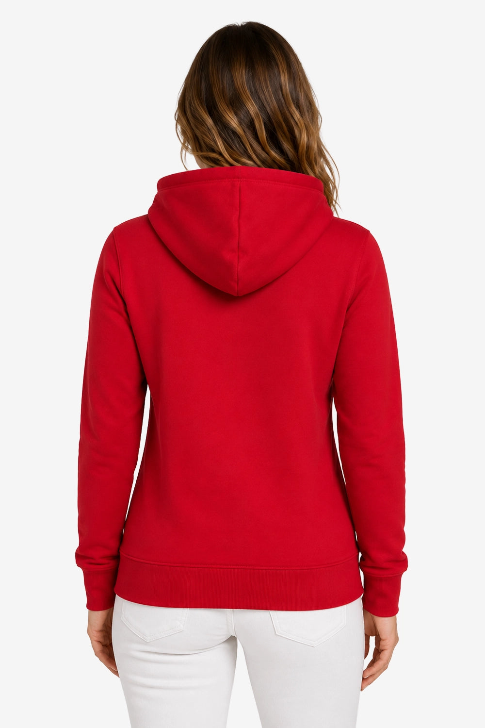 Sweat à capuche femme rouge, vue de dos, capuche et ourlets côtelés, couture centrale visible.
