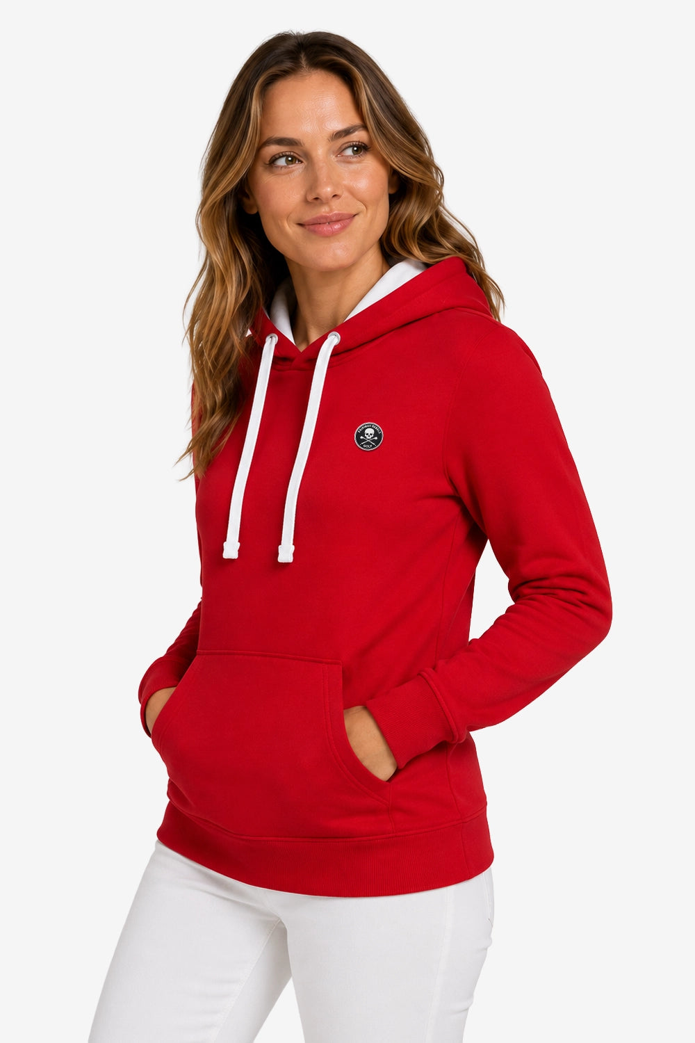 Sweat à capuche femme rouge, vue de trois-quarts : cordons blancs, poche kangourou.