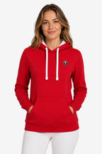 Sweat à capuche femme rouge, vue de face : capuche, cordons contrastés et poche kangourou.