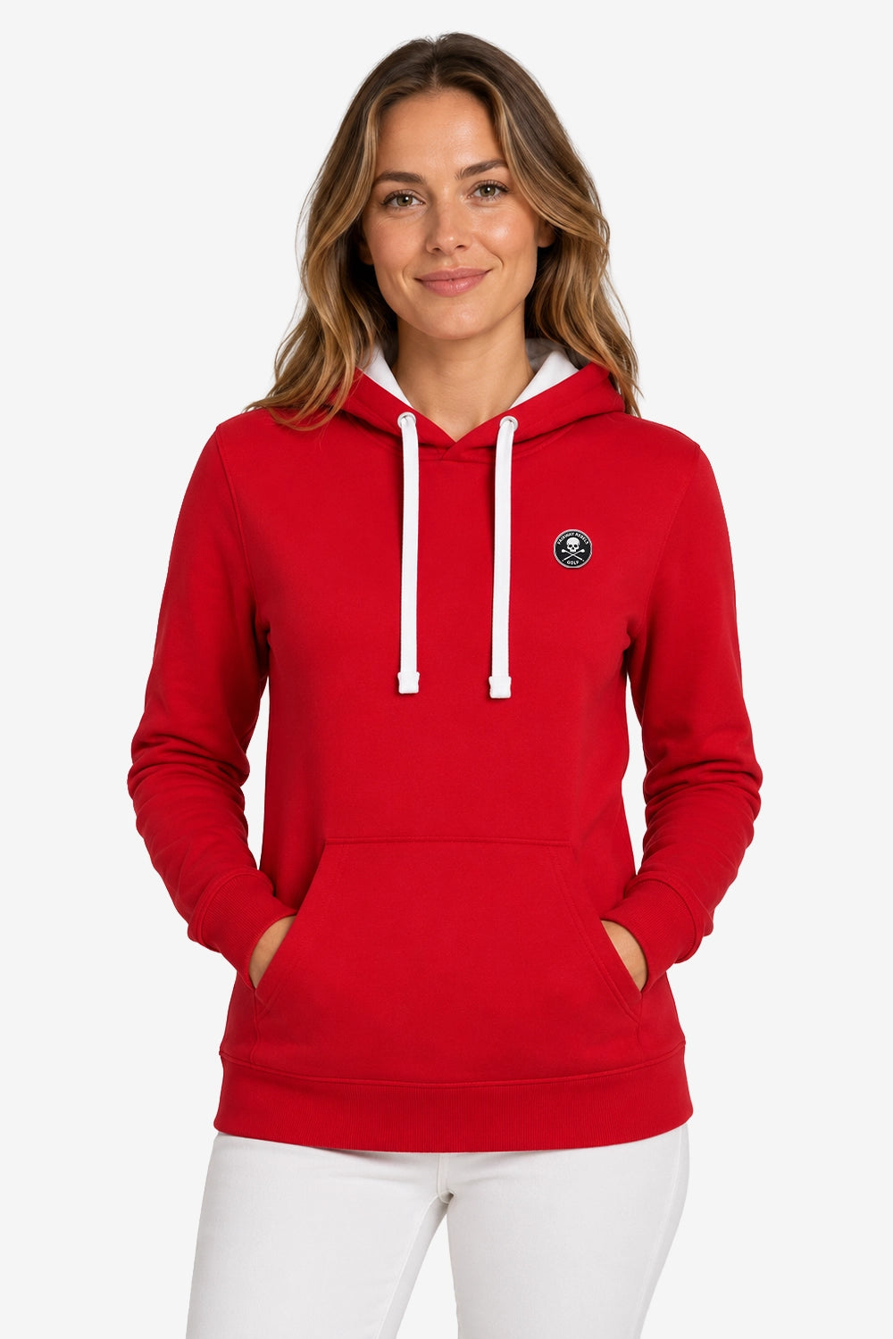 Sweat à capuche femme rouge, vue de face : capuche, cordons contrastés et poche kangourou.