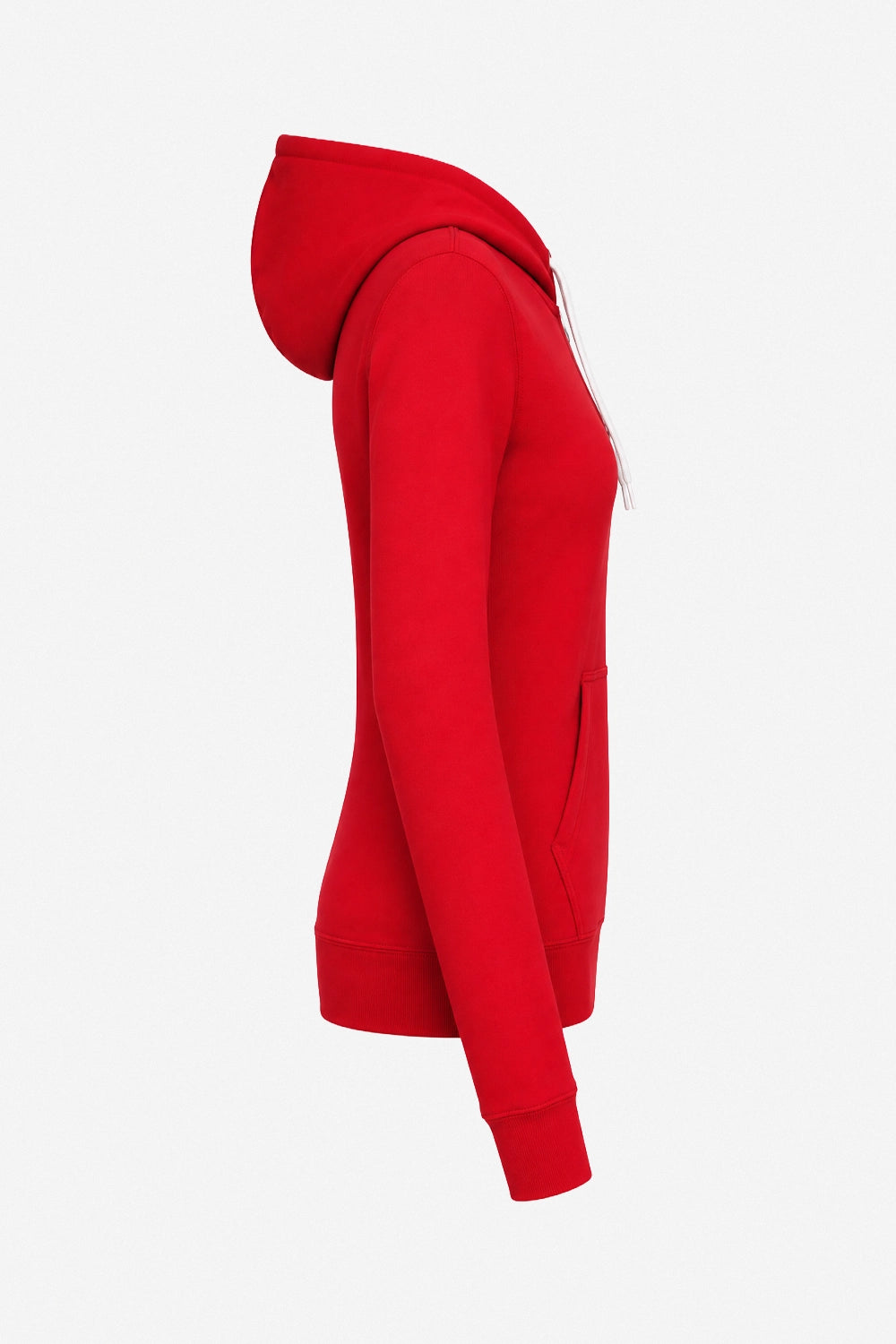 Sweat à capuche femme rouge, vue de côté : manches longues, capuche et coutures latérales.