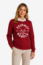 Sweat de golf pour femme bordeaux, imprimé blanc “FAIRWAY REBELS” sur le devant.