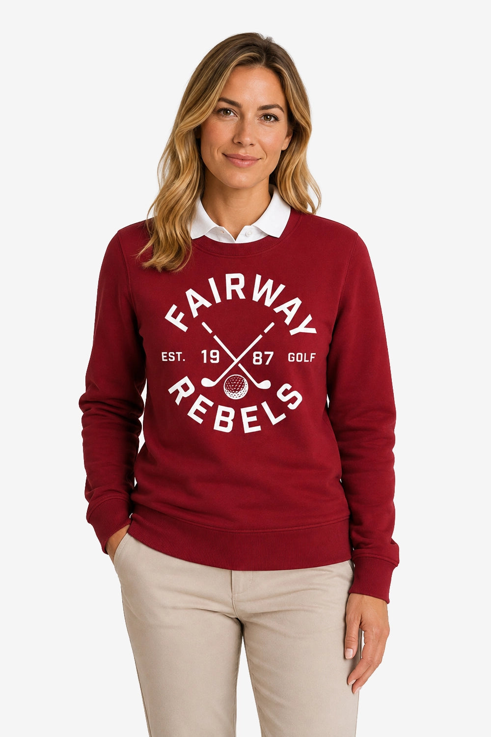 Sweat-shirt de golf femme bordeaux, logo poitrine et encolure côtelée blanche.
