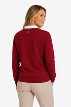 Sweat-shirt de golf femme bordeaux, vue dos, col et petit écusson or.