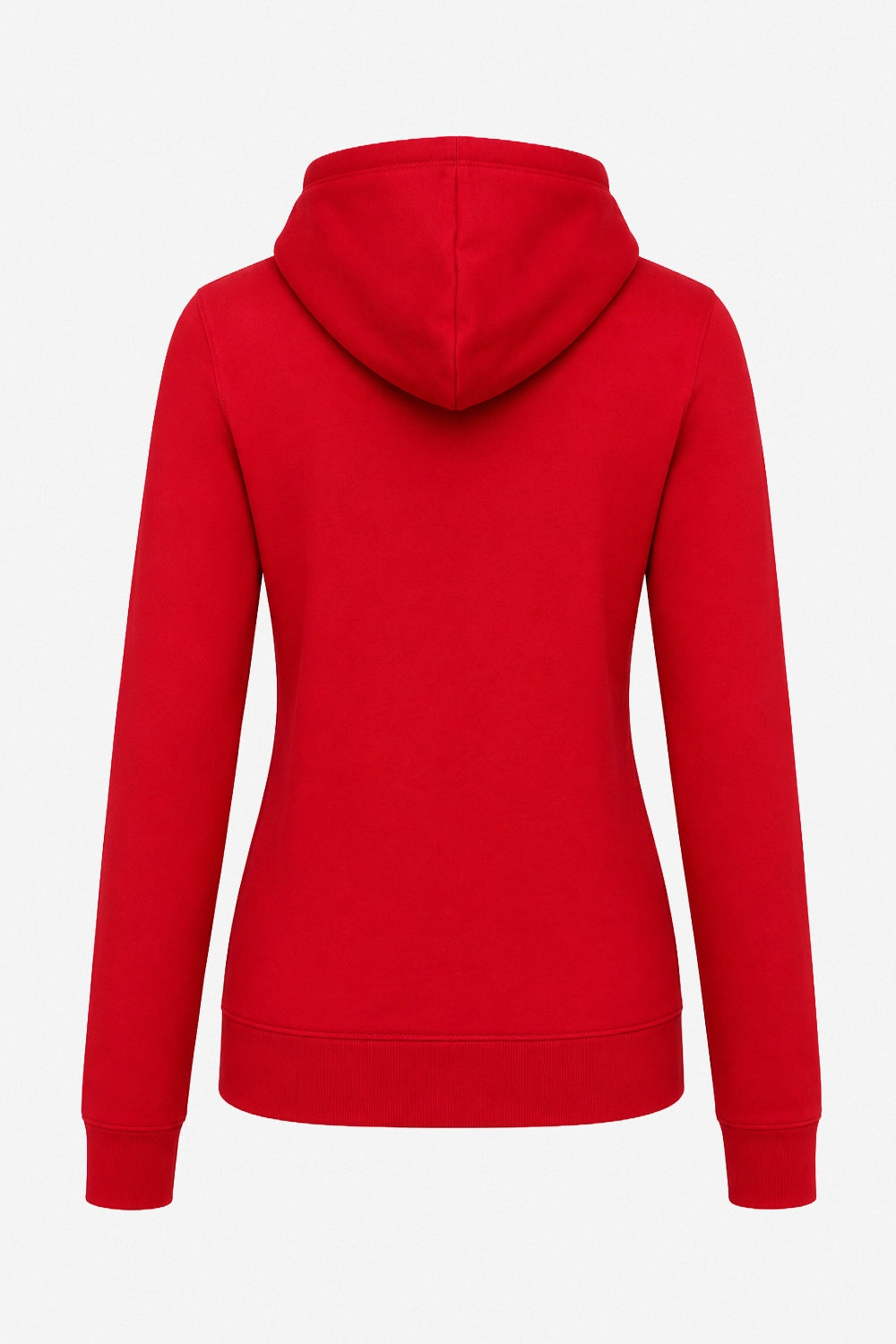 Sweat à capuche femme rouge, vue de dos : capuche structurée, bas côtelé et coutures visibles.
