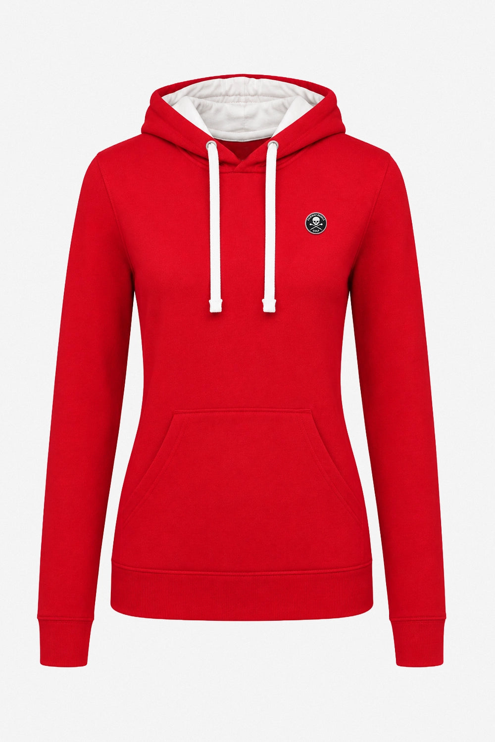 Sweat à capuche rouge, cordons gris contrastés, poche kangourou et logo poitrine.