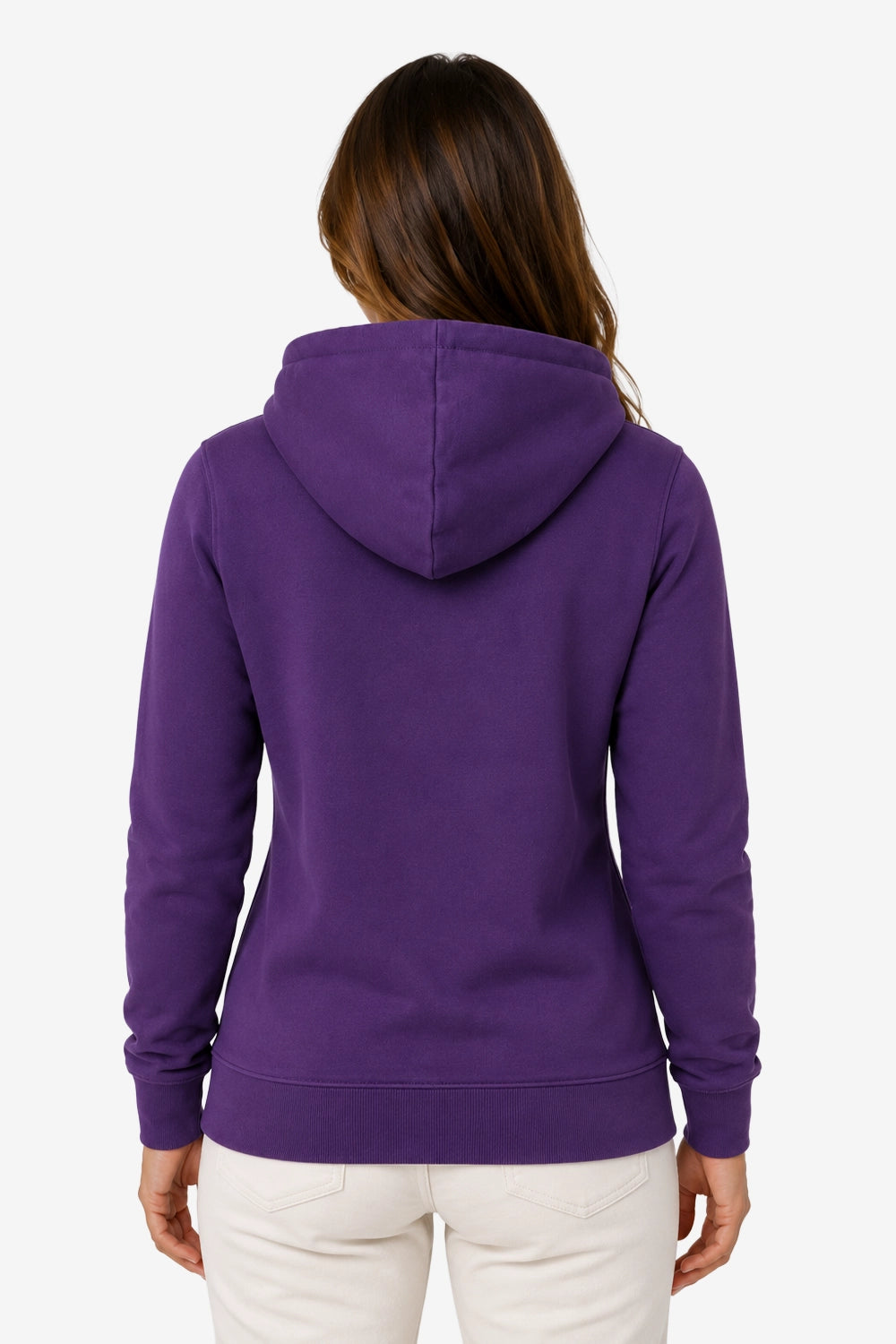 Sweat à capuche violet au dos, coupe femme, capuche avec couture centrale.