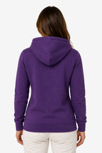 Sweat à capuche violet au dos, coupe femme, capuche avec couture centrale.