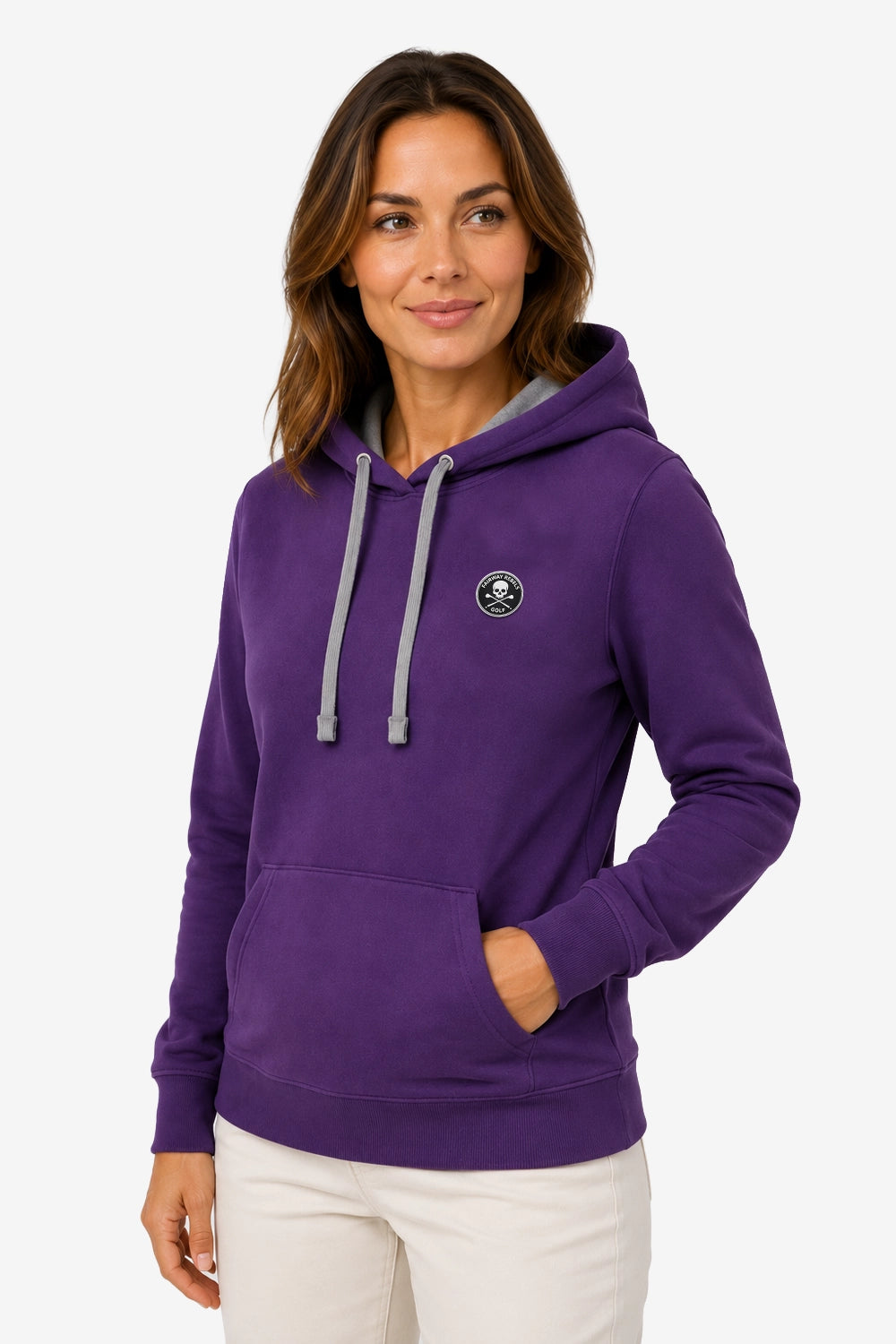 Sweat à capuche violet femme, cordons gris, poche kangourou et logo sur le cœur.