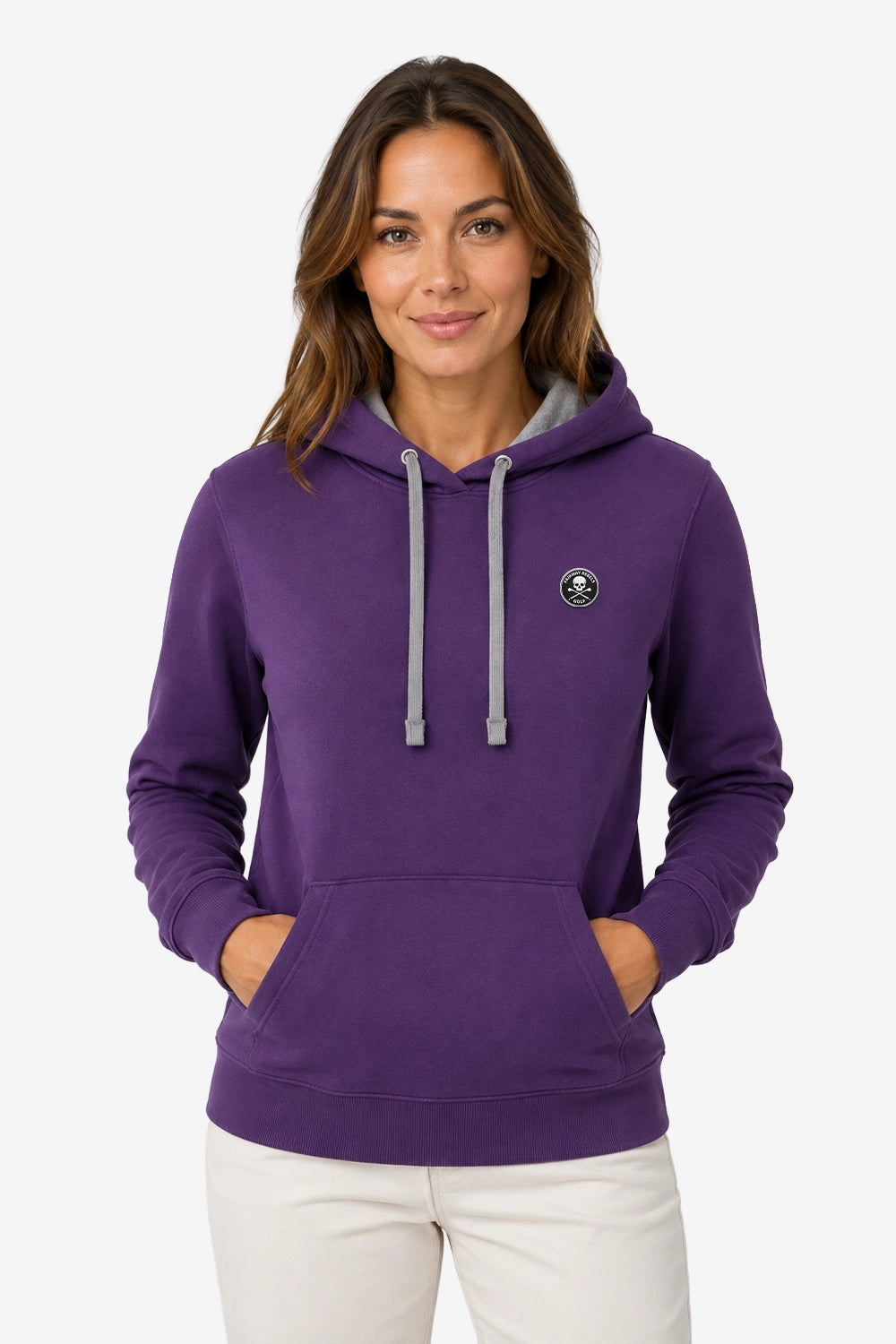 Sweat à capuche violet femme avec cordons gris contrastés, poche kangourou, logo poitrine.