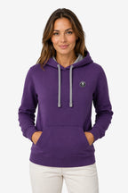 Sweat à capuche violet femme avec cordons gris contrastés, poche kangourou, logo poitrine.