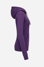 Sweat à capuche violet, vue de profil, manches longues et poche kangourou.